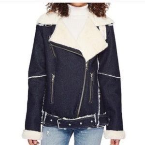 J.O.A. Denim and Sherpa Lined Belted Moto Jacket Size M